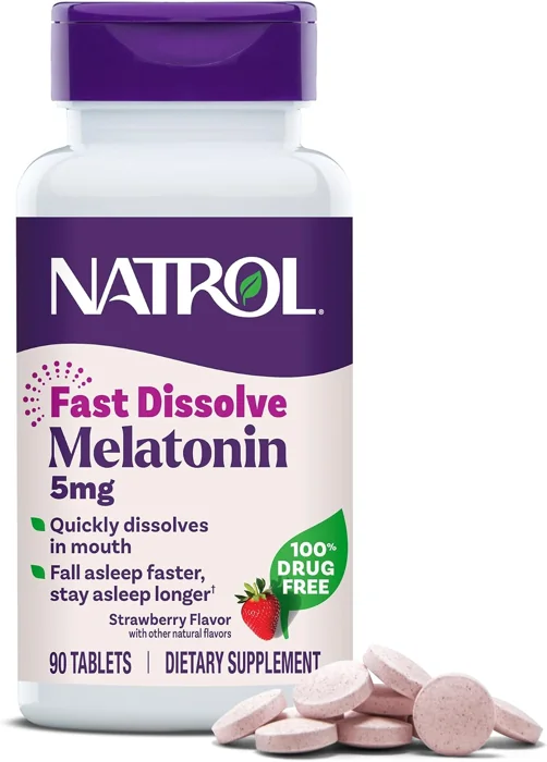 Natrol Melatonin 5 mg Fast Dissolve strawberry tablets bottle, 90 count, with loose tablets